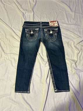 True Religion Lily Super T Dark Wash Thick White Stitch Cropped Skinny Jeans
